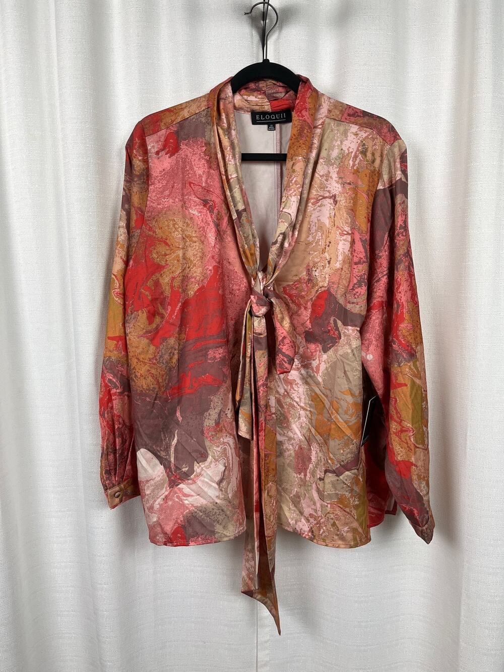 Eloquii Brown&Red Abstract Satin Bow Tie Neck Long Sleeve Blouse Sz.22W NWT